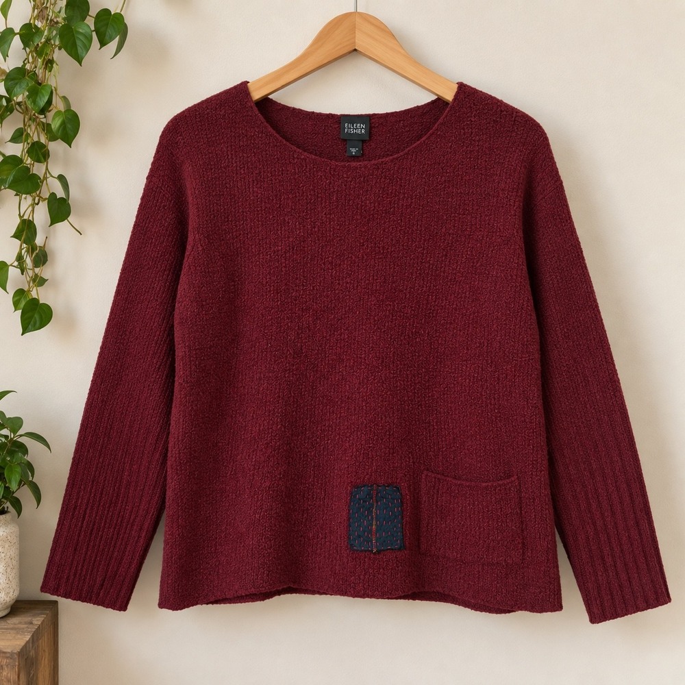 Eileen Fisher Burgundy Wool Blend Boucle Sweater Sashiko Patch Pocket Medium